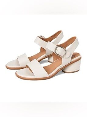 Sofft Ivory Leather Block-Heel Slingback Sandals with Round Buckle